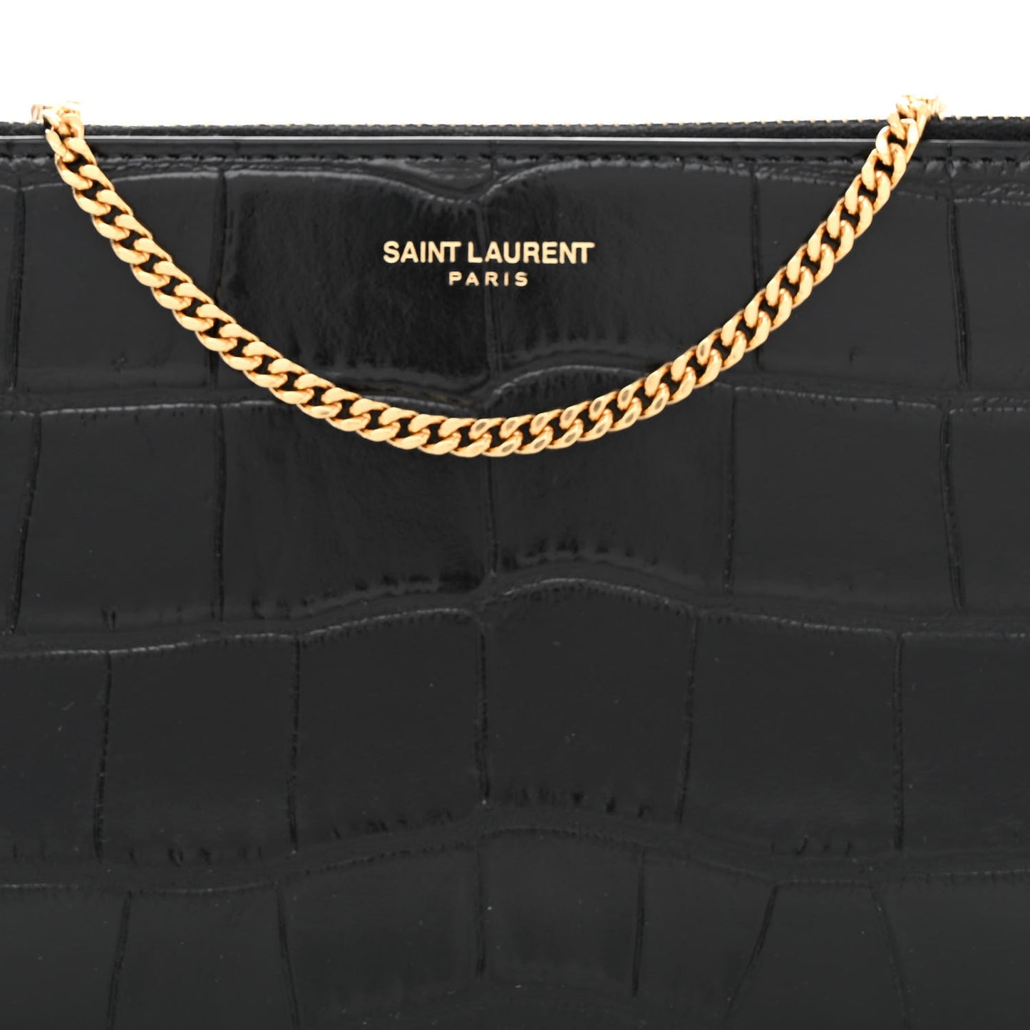 Calfskin Crocodile Embossed Double Pouch On Chain Black