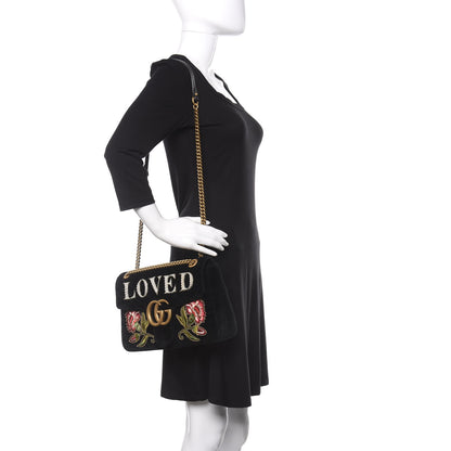 Gucci Velvet Matelasse Loved Embroidered Medium GG Marmont Shoulder Bag Black 2 of 11
