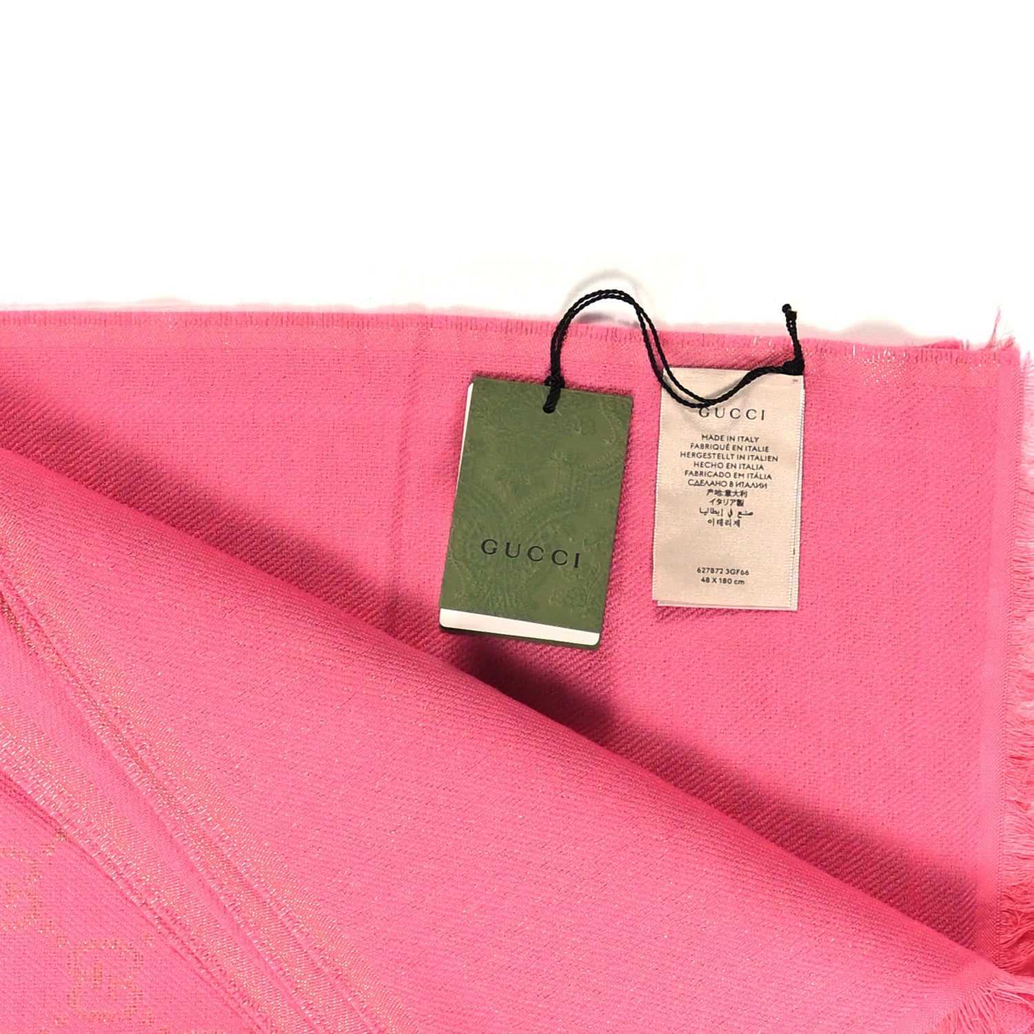 Gucci Wool Silk Lurex GG Monogram Bright G Fringe Scarf Fuxia 3 of 4
