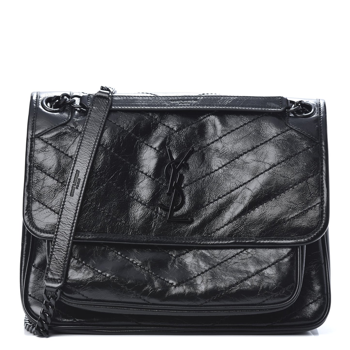 Crinkled Calfskin Matelasse Monogram Medium Niki Chain Satchel Black