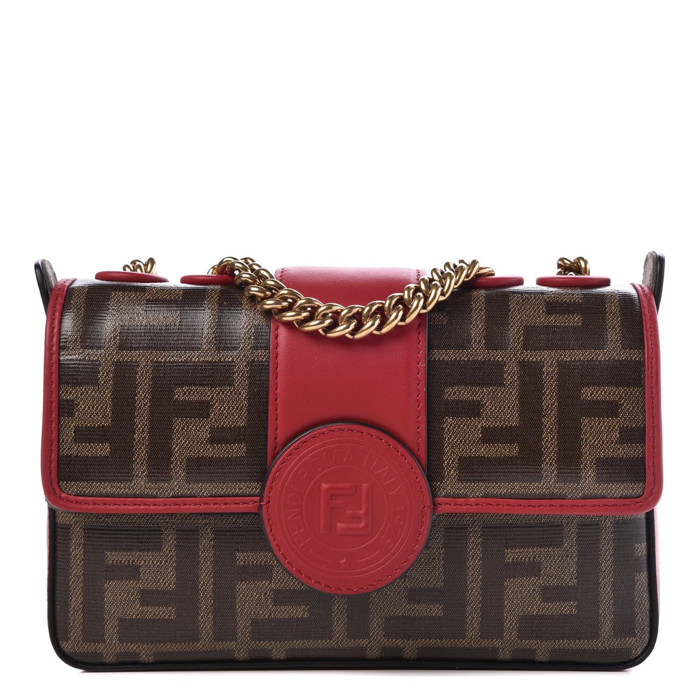 Glazed Fabric Vitello Century FF 1974 Stamp Patch Mini Double F Crossbody Bag Mogano Panna Fragola