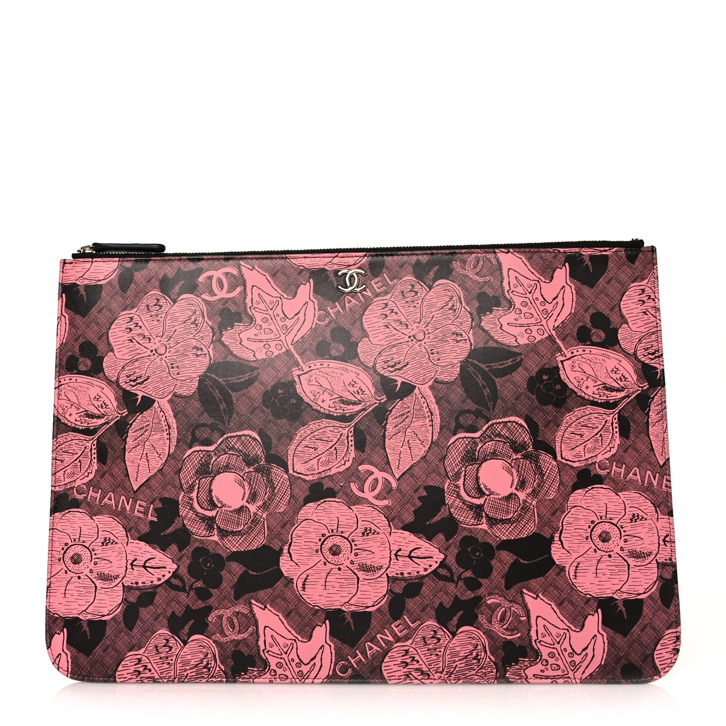 Coated Canvas Lambskin Quilted Large Camellia Cosmetic Case Pink Black
