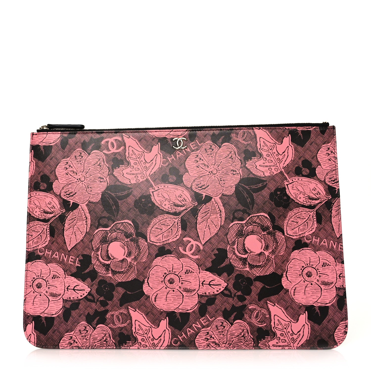 Chanel Coated Canvas Lambskin Quilted Large Camellia Cosmetic Case Pink Black 1 of 10