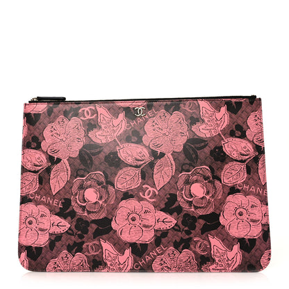 Chanel Coated Canvas Lambskin Quilted Large Camellia Cosmetic Case Pink Black 1 of 10