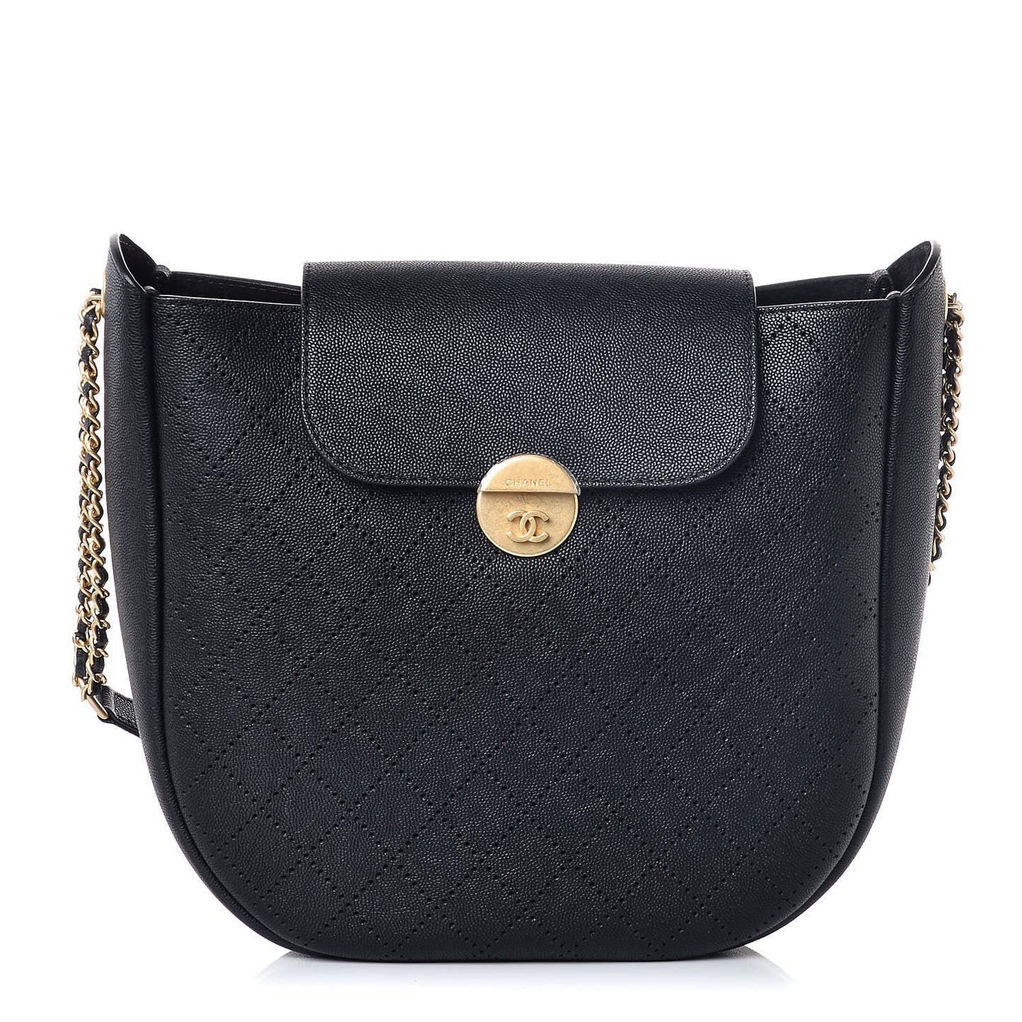 Grained Calfskin Perforated Small Flap Hobo Black