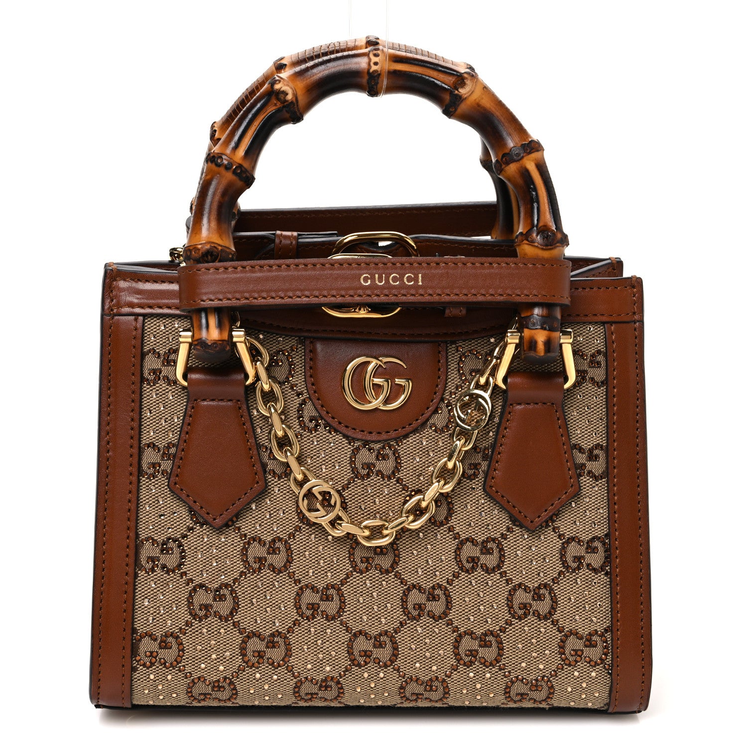 Gucci New Canvas Charisma Calfskin Crystal GG Monogram Mini Diana Tote Bag Camel Ebony 1 of 10