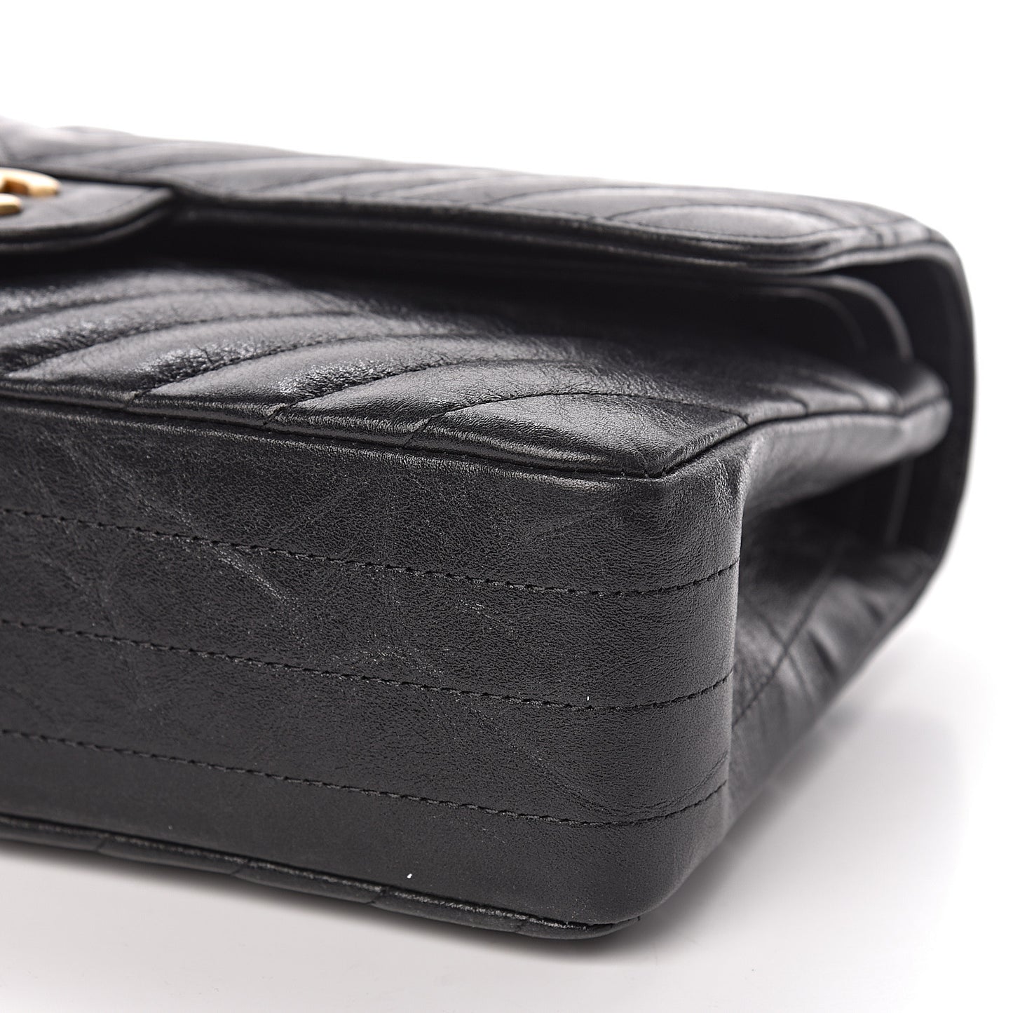 Crumpled Calfskin Chevron Quilted Medium Double Flap Black
