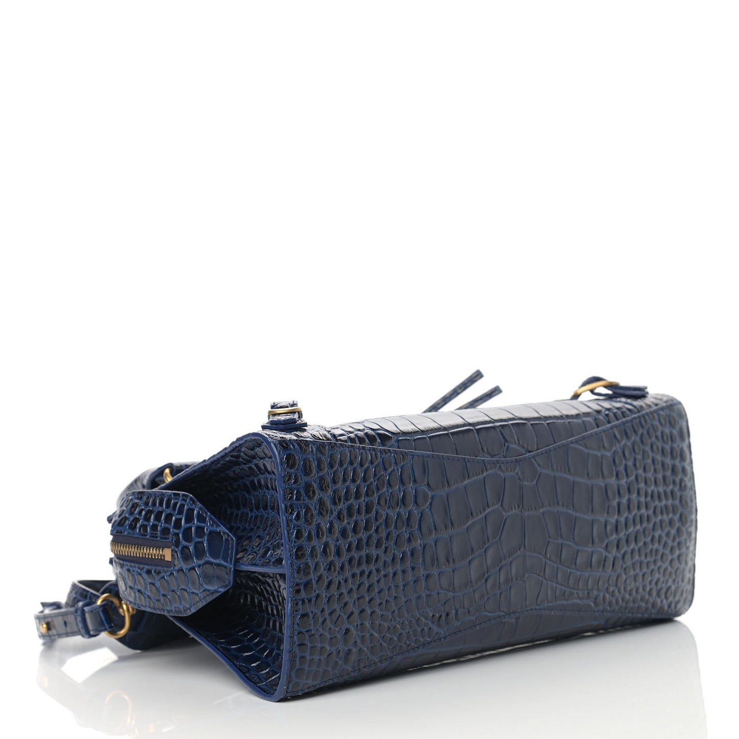 Shiny Supple Calfskin Crocodile Embossed Neo Classic Gold Hardware S City Navy