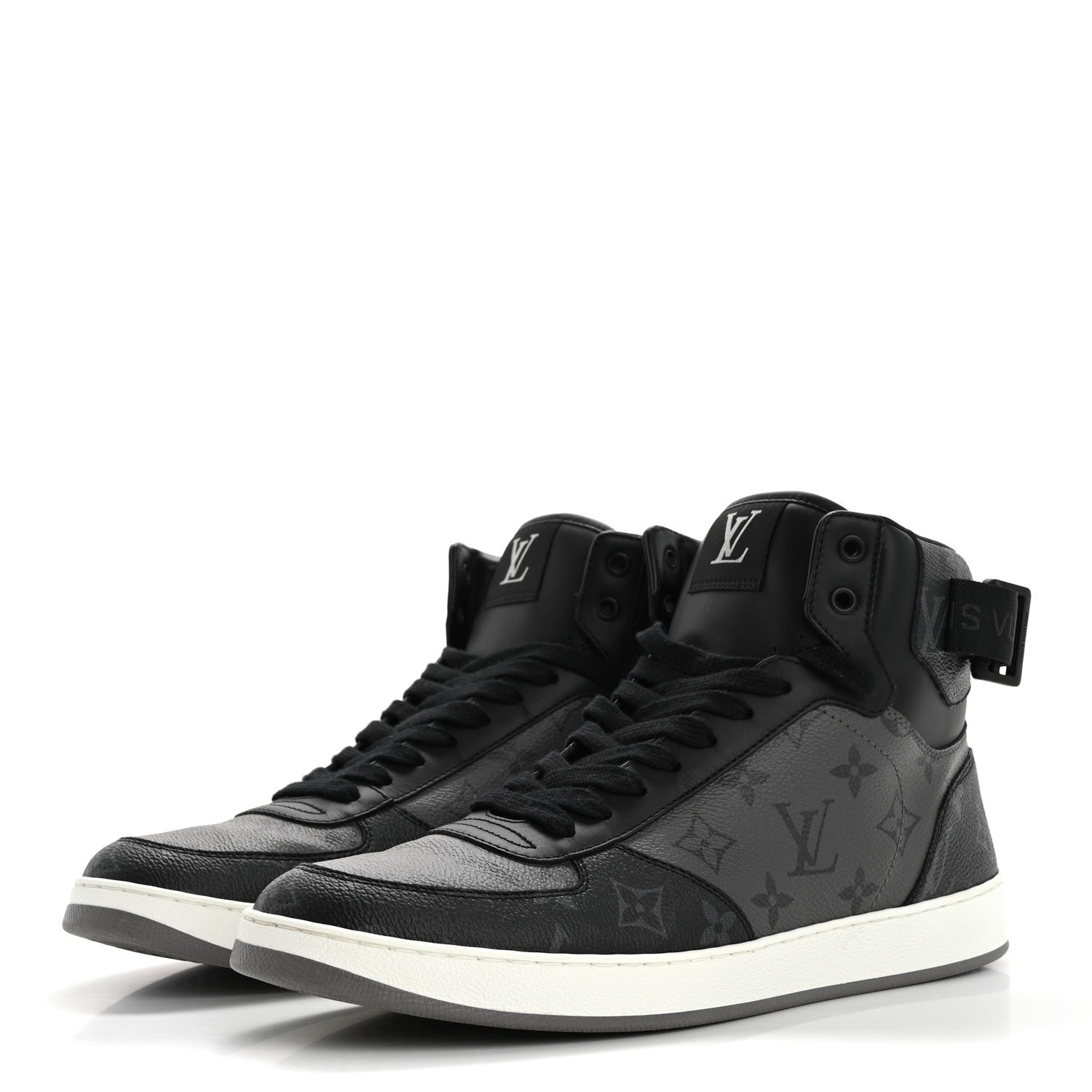 Louis Vuitton Calfskin Monogram Eclipse Mens Rivoli High Top Sneakers 9 Black Grey 4 of 10