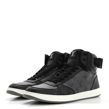 Louis Vuitton Calfskin Monogram Eclipse Mens Rivoli High Top Sneakers 9 Black Grey 4 of 10