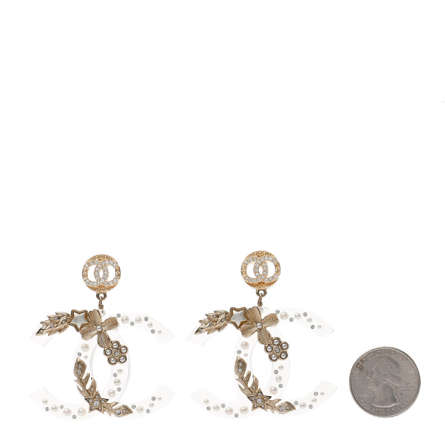 Resin Crystal Pearl Feather Star CC Drop Earrings Gold