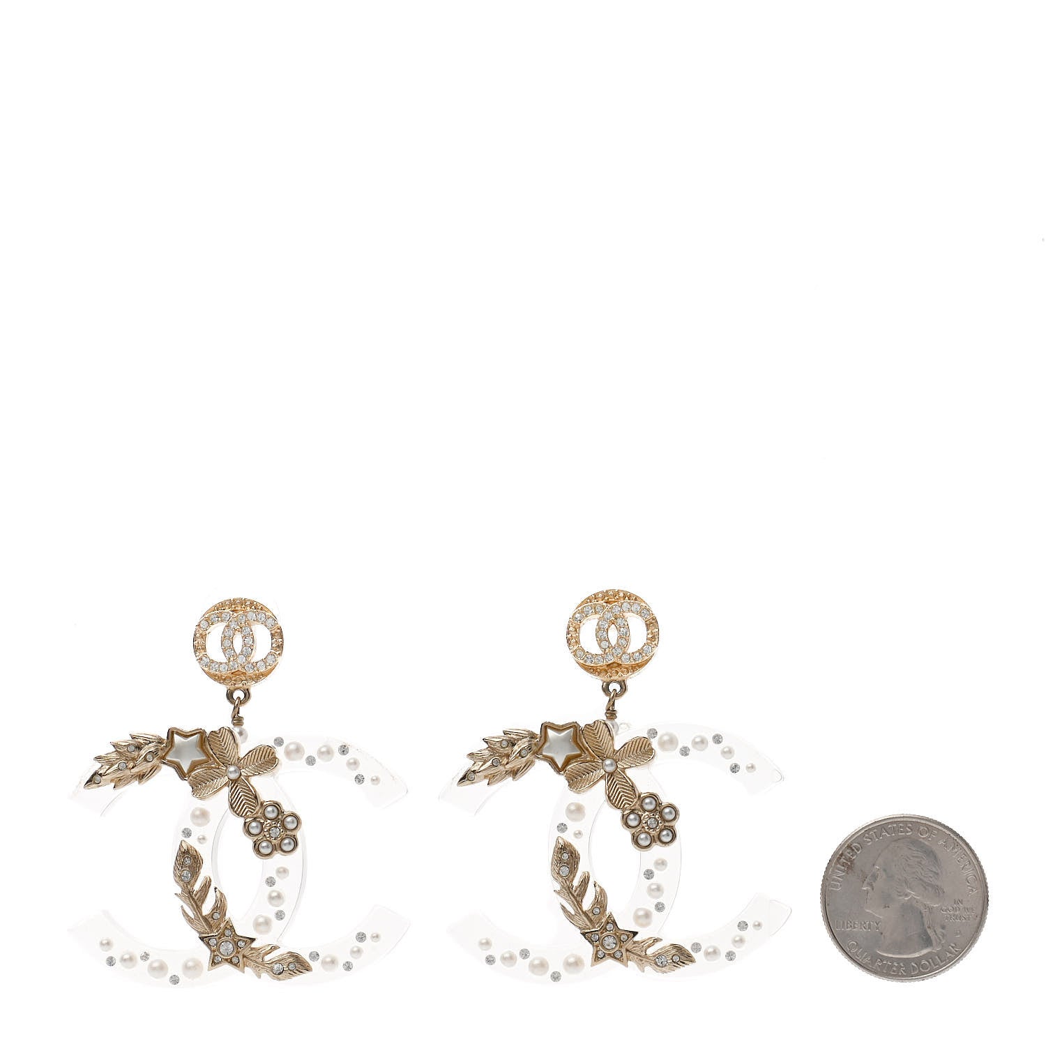 Chanel Resin Crystal Pearl Feather Star CC Drop Earrings Gold 2 of 4