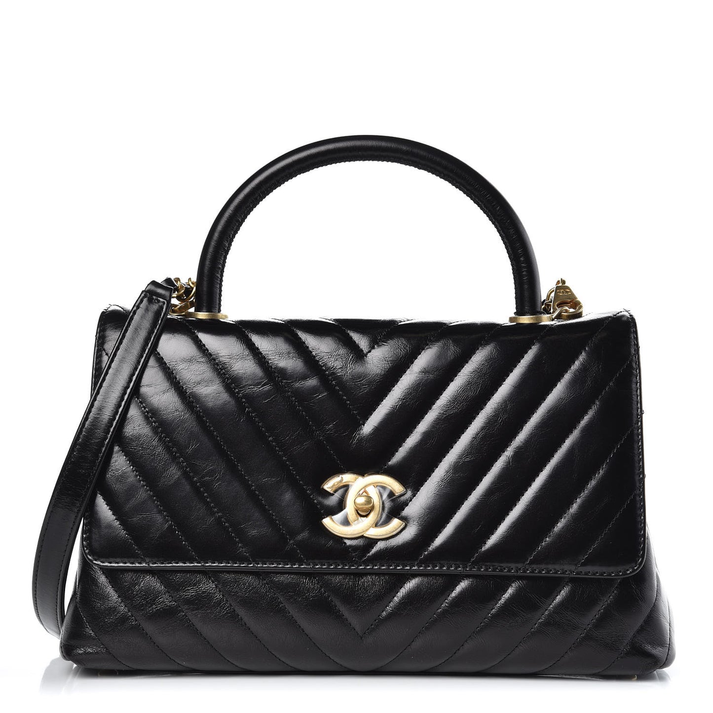 Calfskin Chevron Quilted Small Coco Handle Flap Black