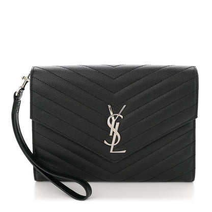 Saint Laurent Grain De Poudre Matelasse Chevron Monogram Envelope Clutch Black 1 of 12