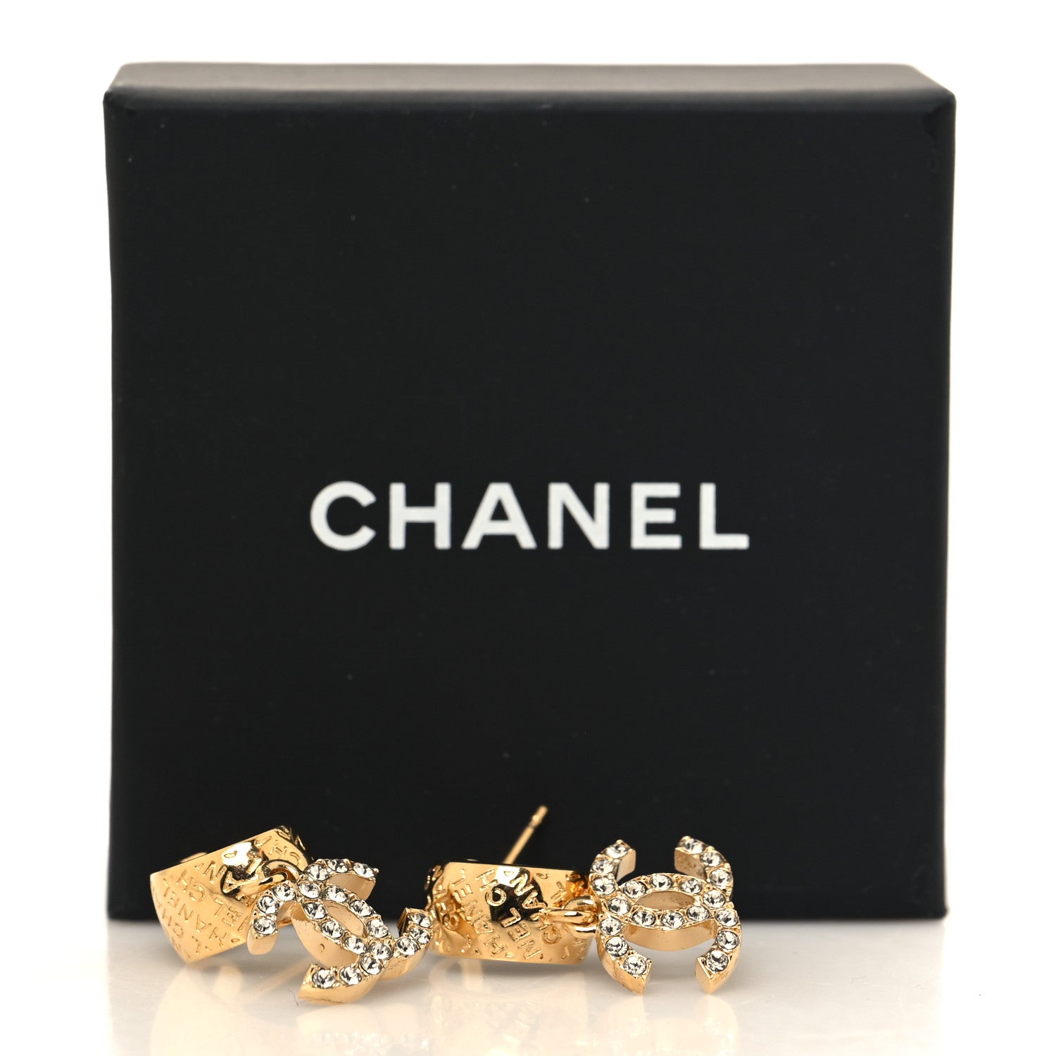 Chanel Metal Crystal CC Logo Hoop Drop Earrings Gold 5 of 5