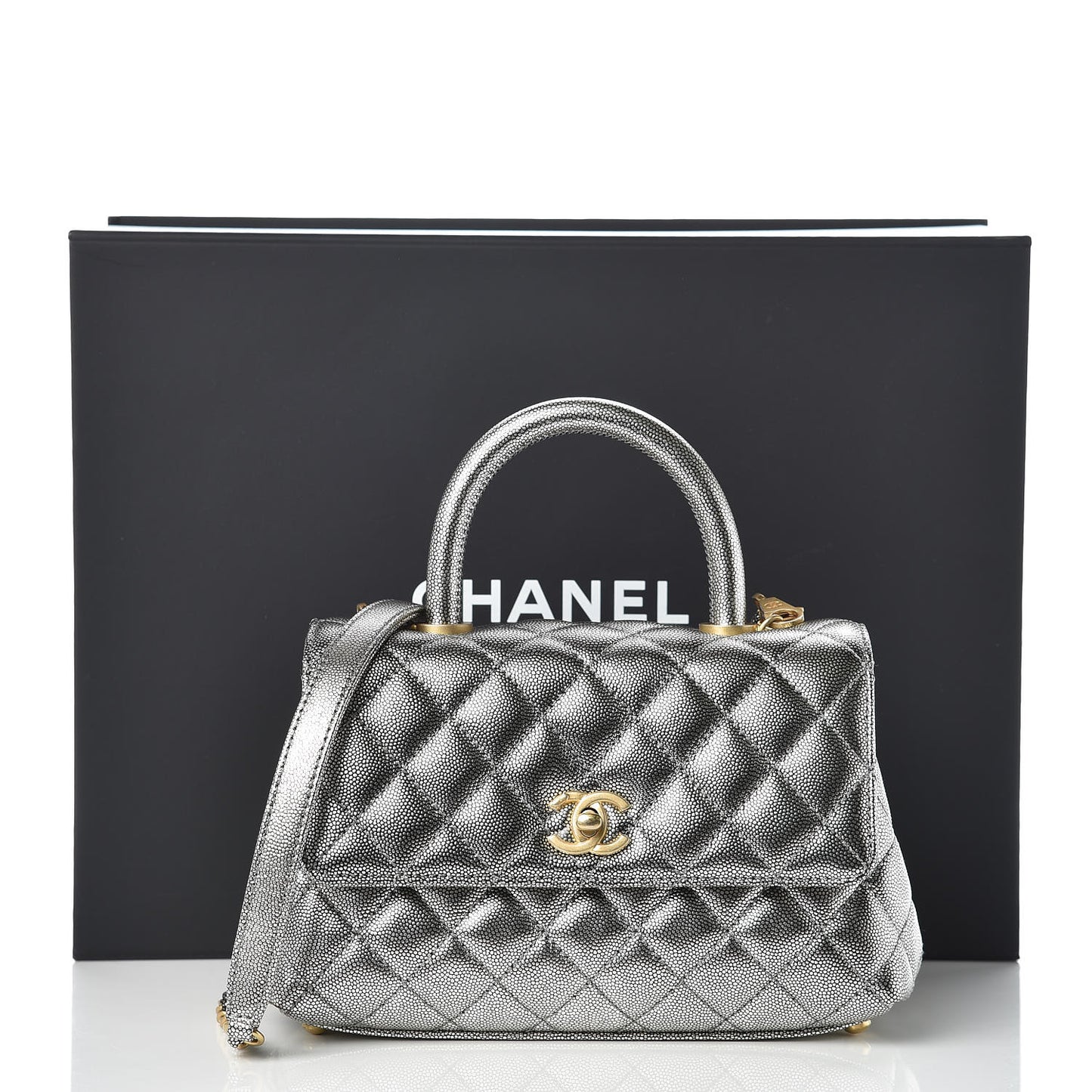 Metallic Caviar Quilted Mini Coco Handle Flap Silver