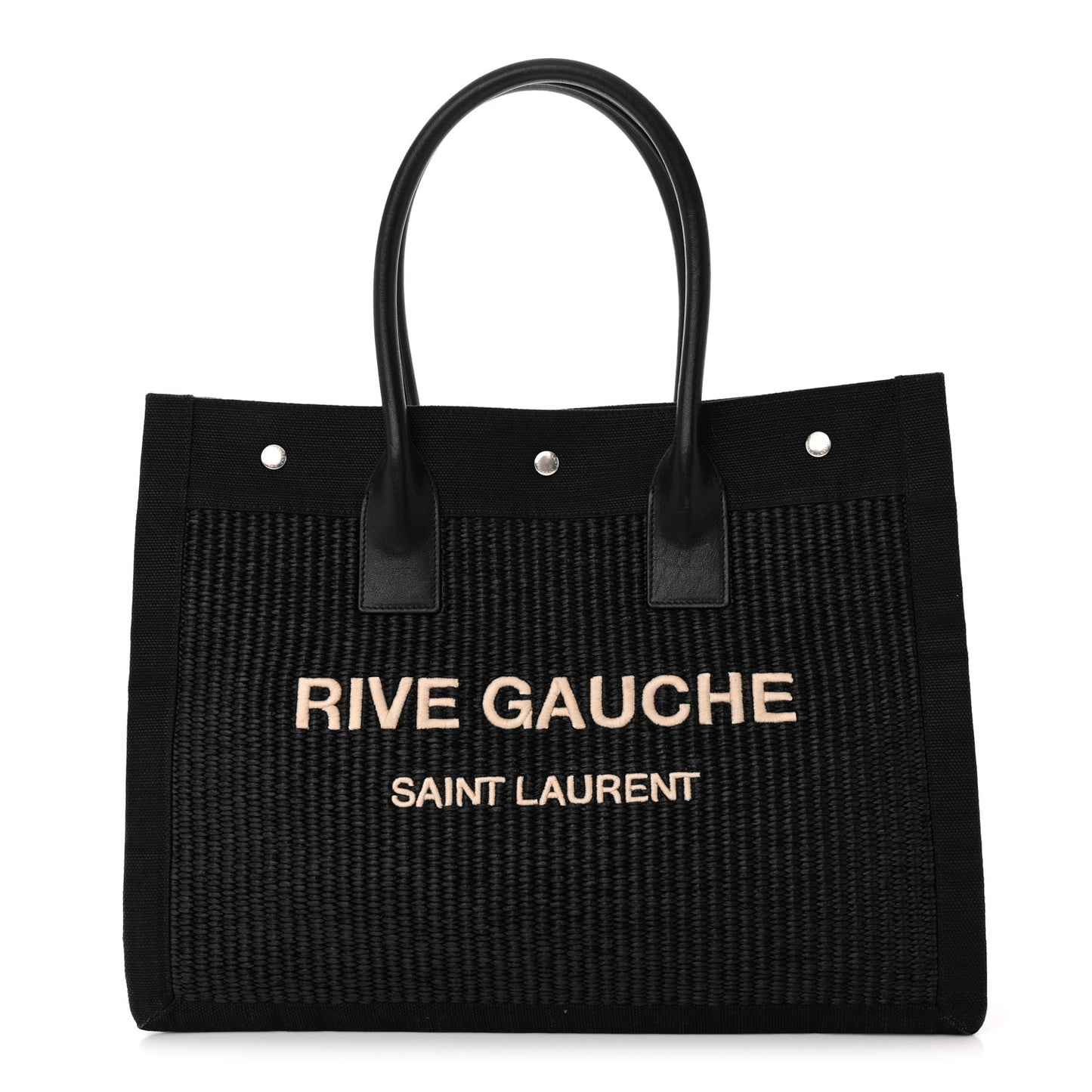 Raffia Linen Calfskin Small Rive Gauche Tote Black