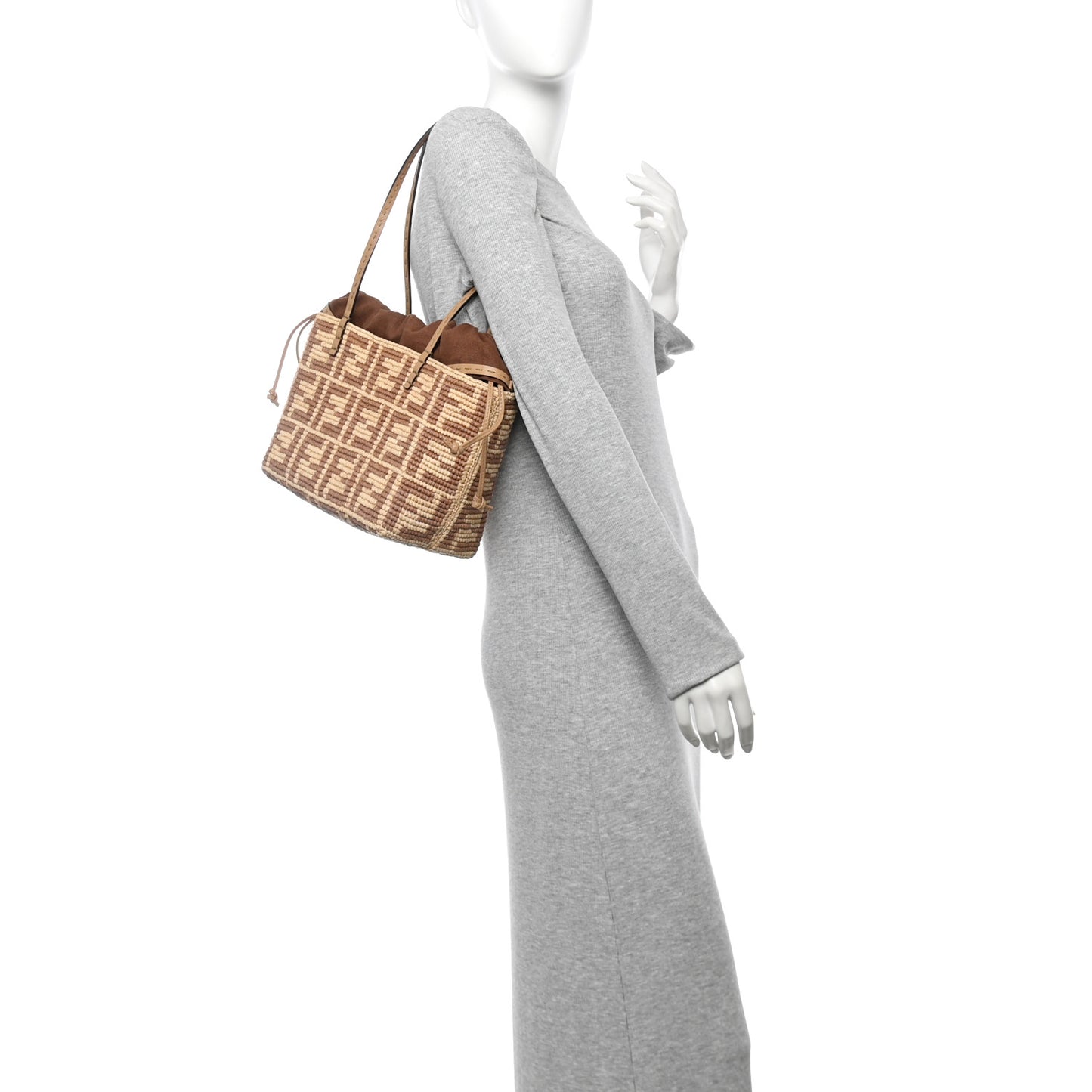 Raffia Cuoio Romano FF Crochet Small Roll Shopper Natural Dark Honey