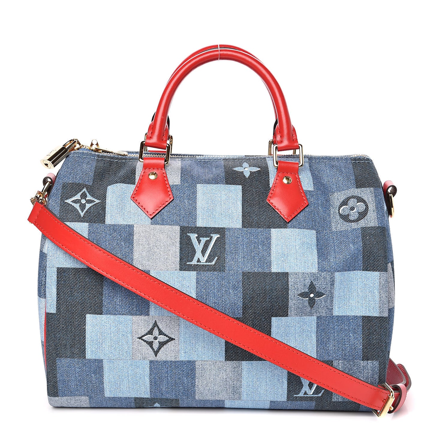 Denim Damier Monogram Patchwork Speedy Bandouliere 30 Blue Rouge
