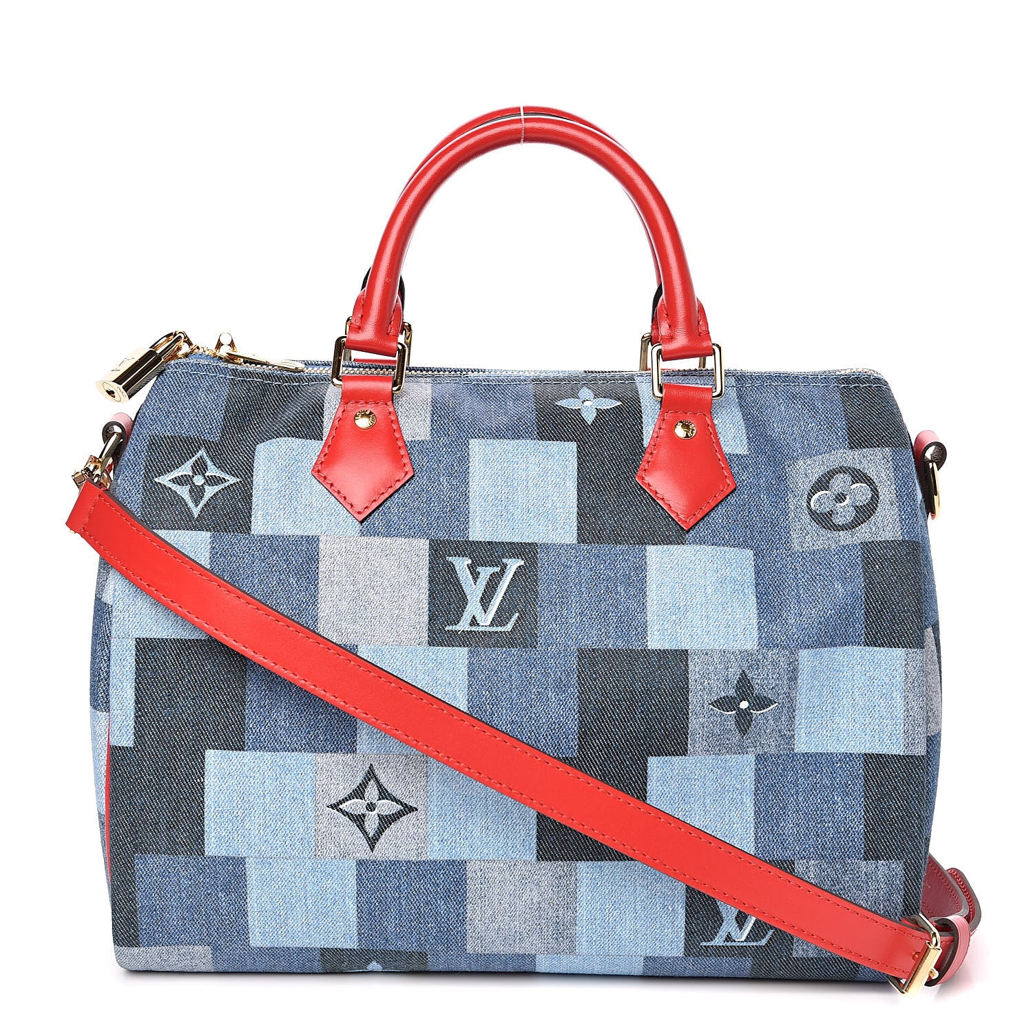 Louis Vuitton Denim Damier Monogram Patchwork Speedy Bandouliere 30 Blue Rouge 1 of 12