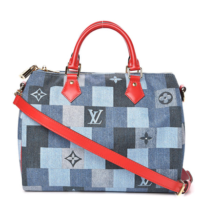 Louis Vuitton Denim Damier Monogram Patchwork Speedy Bandouliere 30 Blue Rouge 1 of 12