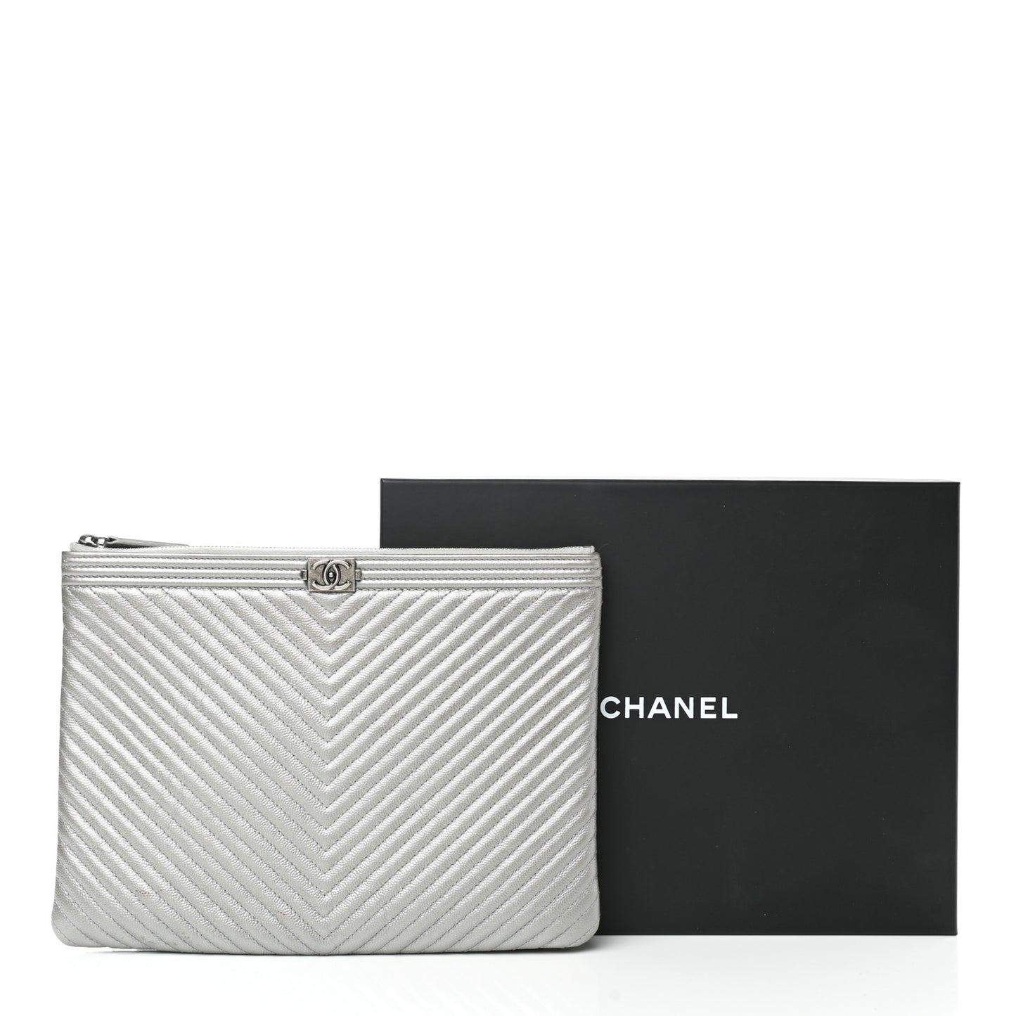 Metallic Caviar Chevron Quilted Medium Boy Cosmetic Case Silver