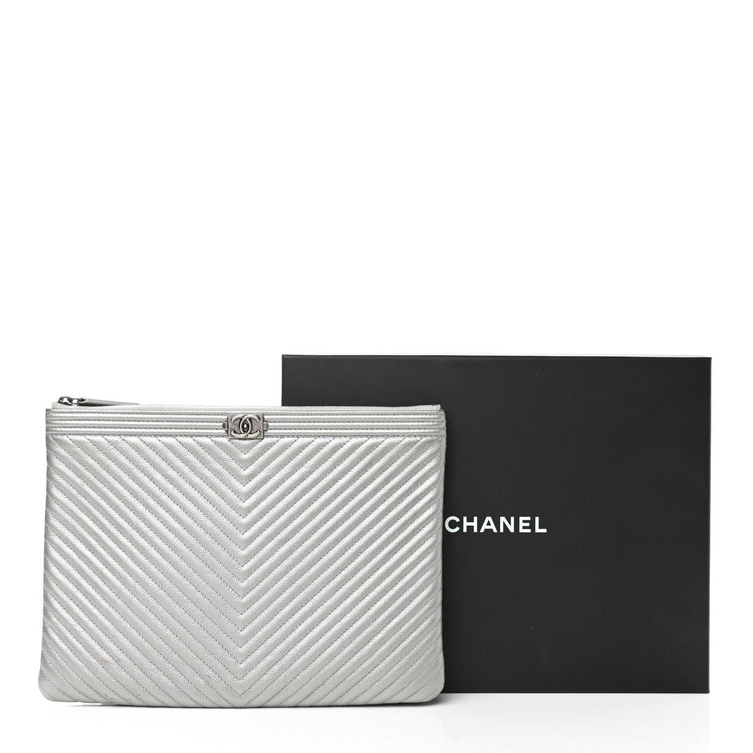 Chanel Metallic Caviar Chevron Quilted Medium Boy Cosmetic Case Silver 9 of 9