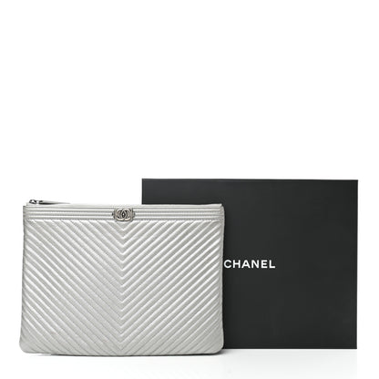 Chanel Metallic Caviar Chevron Quilted Medium Boy Cosmetic Case Silver 9 of 9