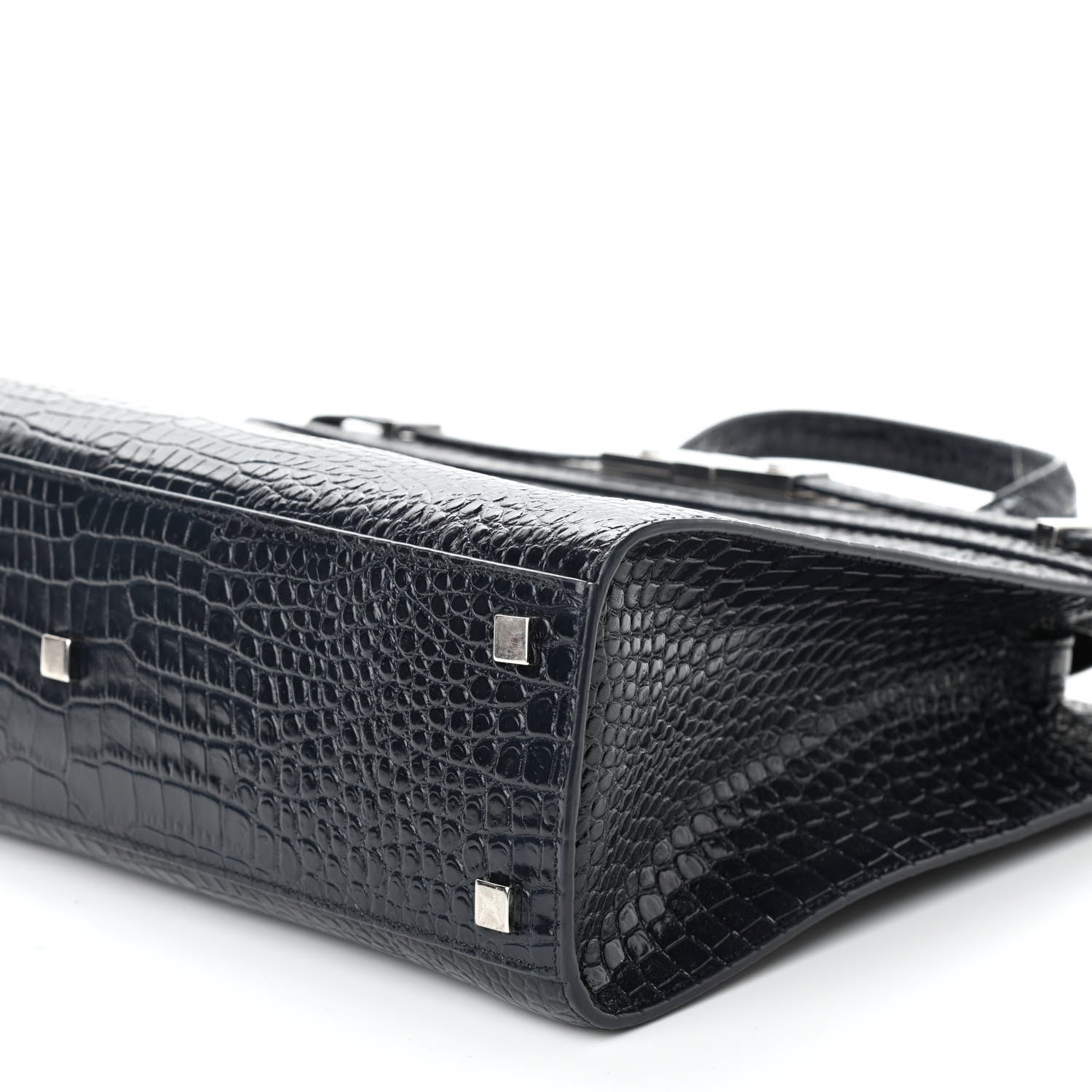 Saint Laurent Shiny Calfskin Crocodile Embossed Small Manhattan Shopper Tote Deep Marine 9 of 10