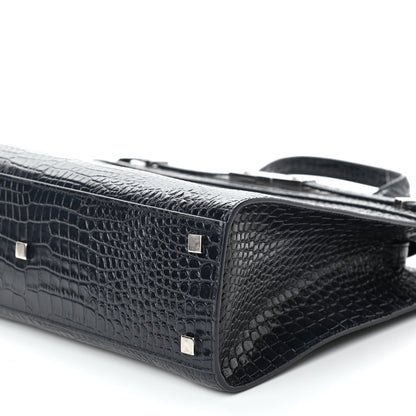 Saint Laurent Shiny Calfskin Crocodile Embossed Small Manhattan Shopper Tote Deep Marine 9 of 10