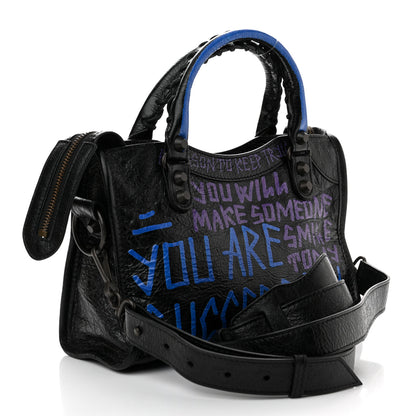 Balenciaga Agneau Arena Graffiti All Over Classic Hardware Mini City Black Bleu Violet 3 of 9