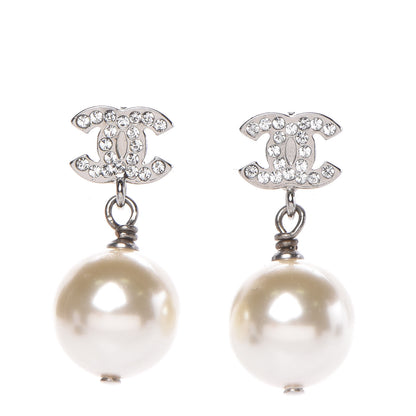 Chanel Crystal Pearl CC Drop Earrings Silver 1 of 4