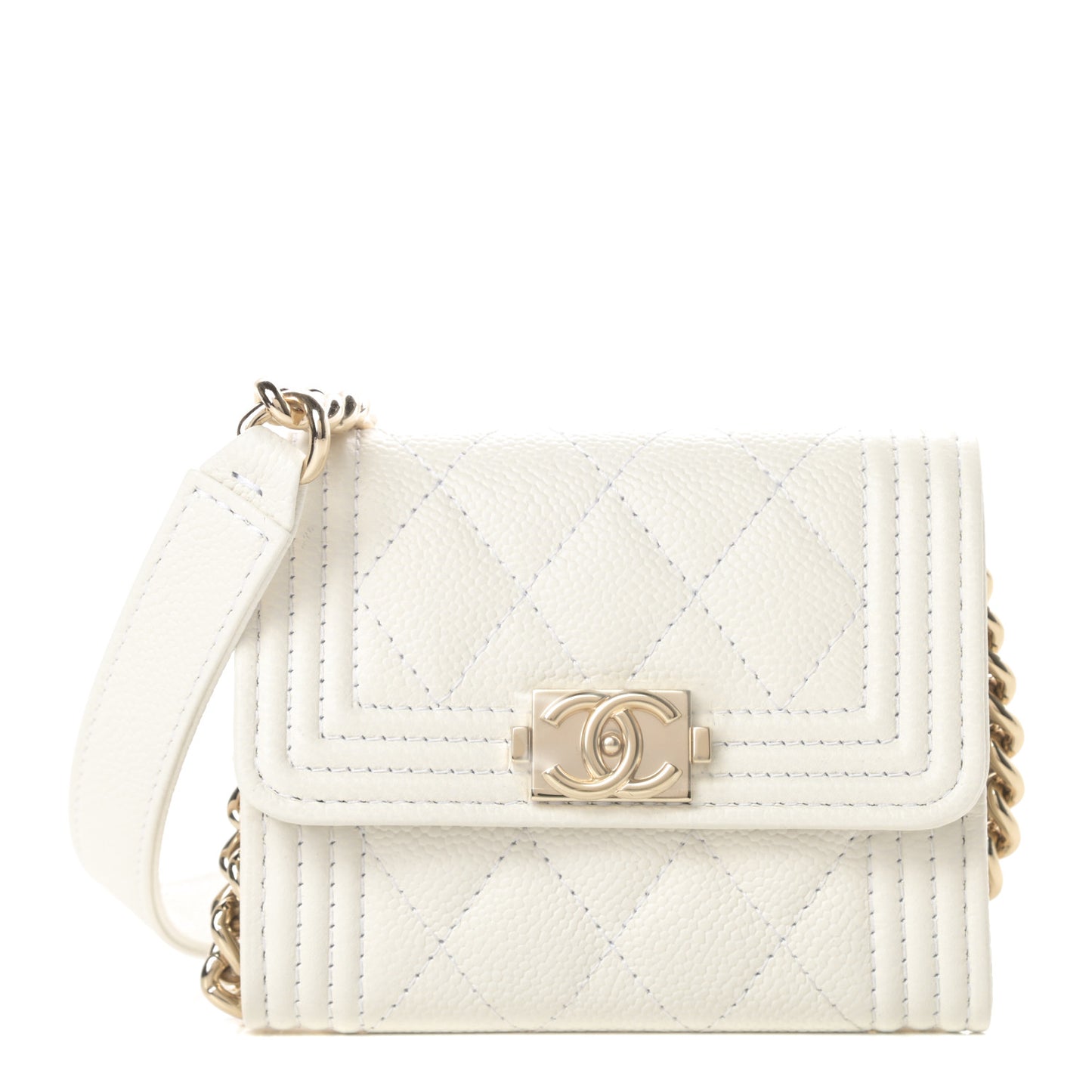 Caviar Quilted Boy Card Holder On Chain White