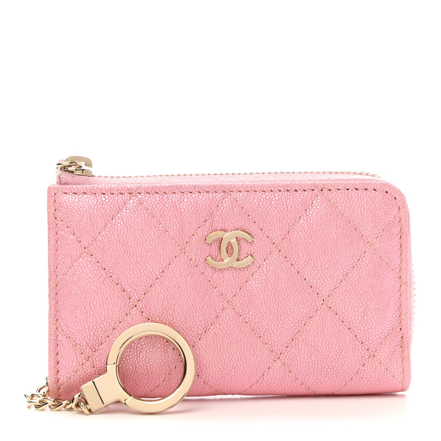 Iridescent Caviar Quilted Zipped Key Holder Case Rose Pink