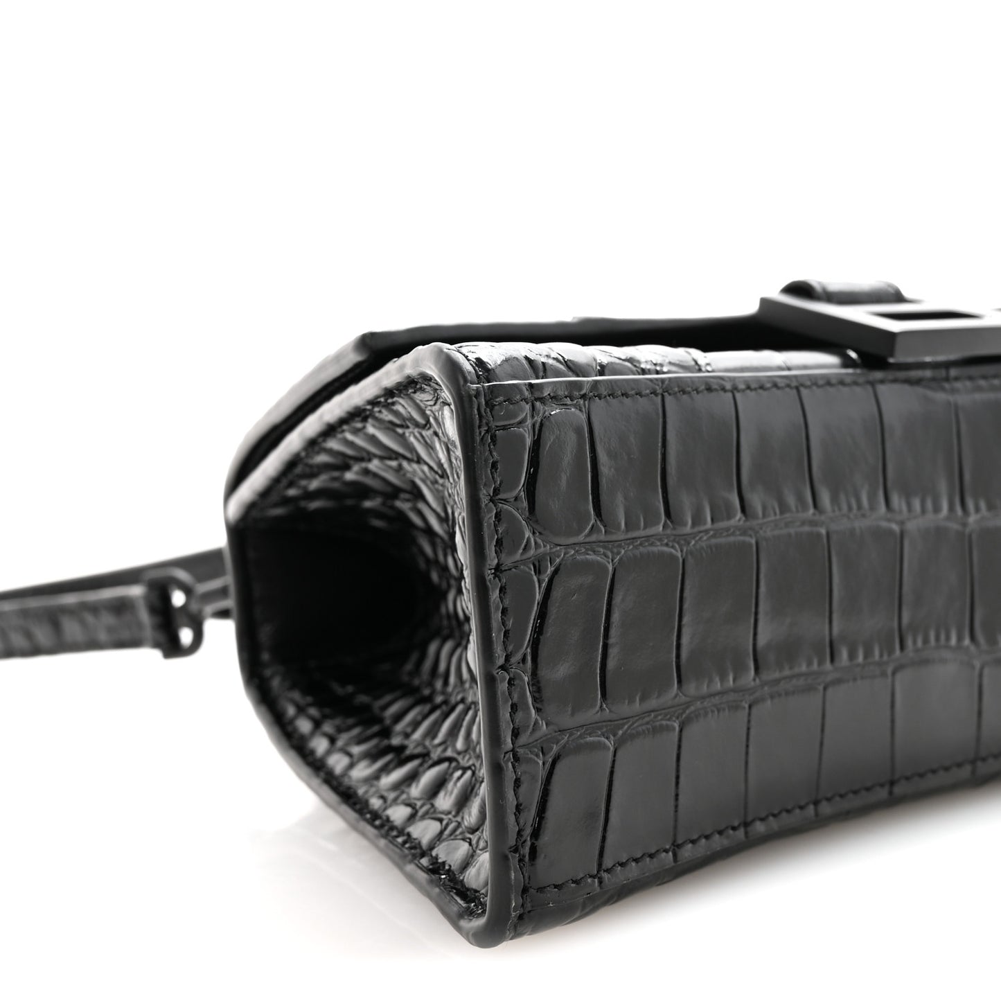 Shiny Calfskin Monochrome Crocodile Embossed Hourglass Top Handle Bag XS Black