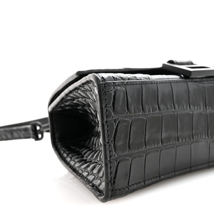 Balenciaga Shiny Calfskin Monochrome Crocodile Embossed Hourglass Top Handle Bag XS Black 8 of 9