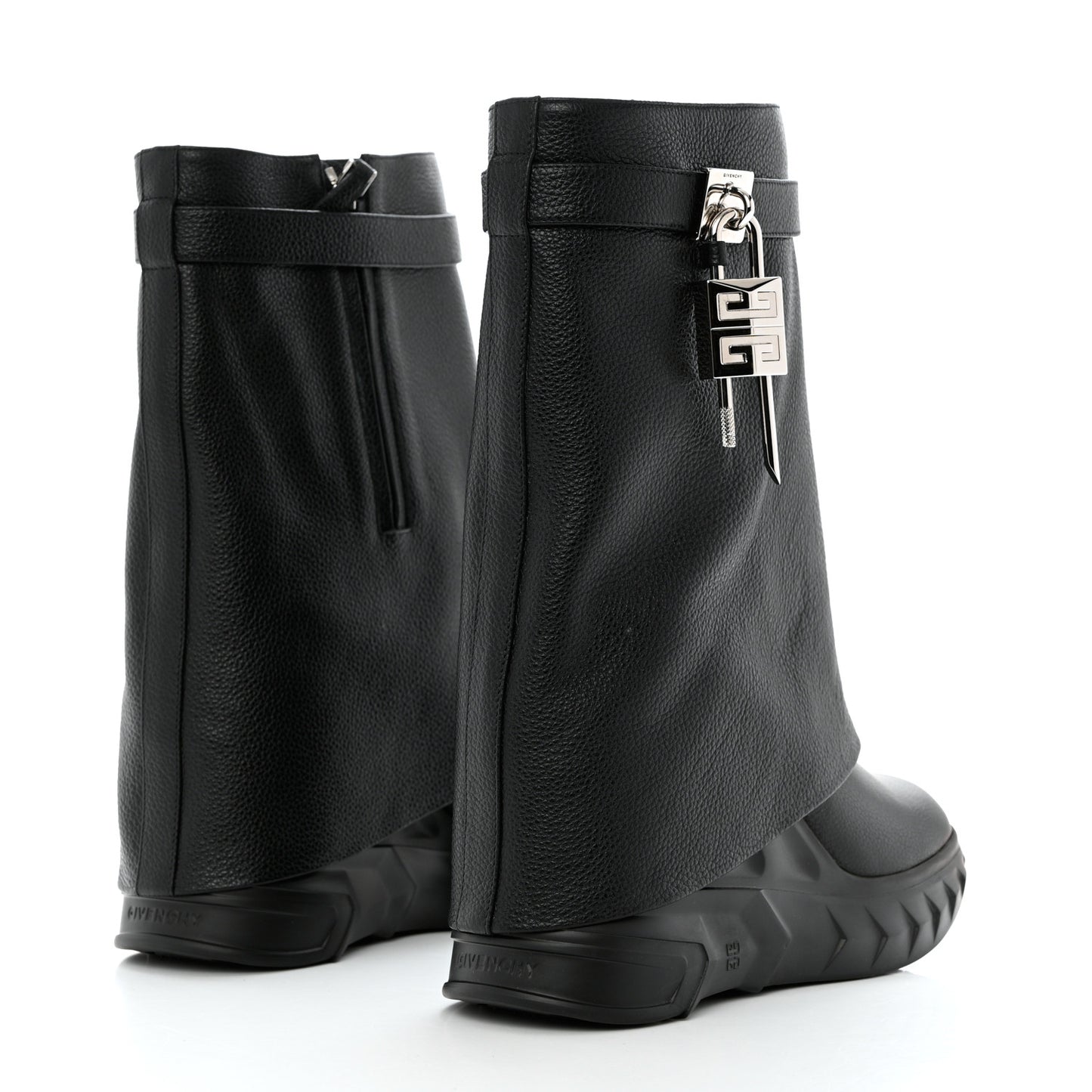 Grained Calfskin Shark Lock Biker Ankle Boots 41 Black