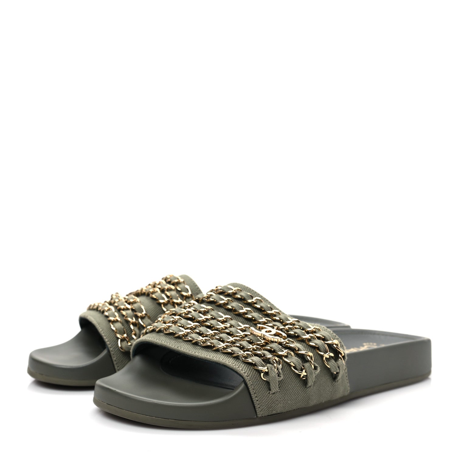 Chanel Canvas Chain Flat Sandals 37 Khaki 3 of 7