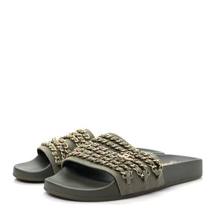 Chanel Canvas Chain Flat Sandals 37 Khaki 3 of 7