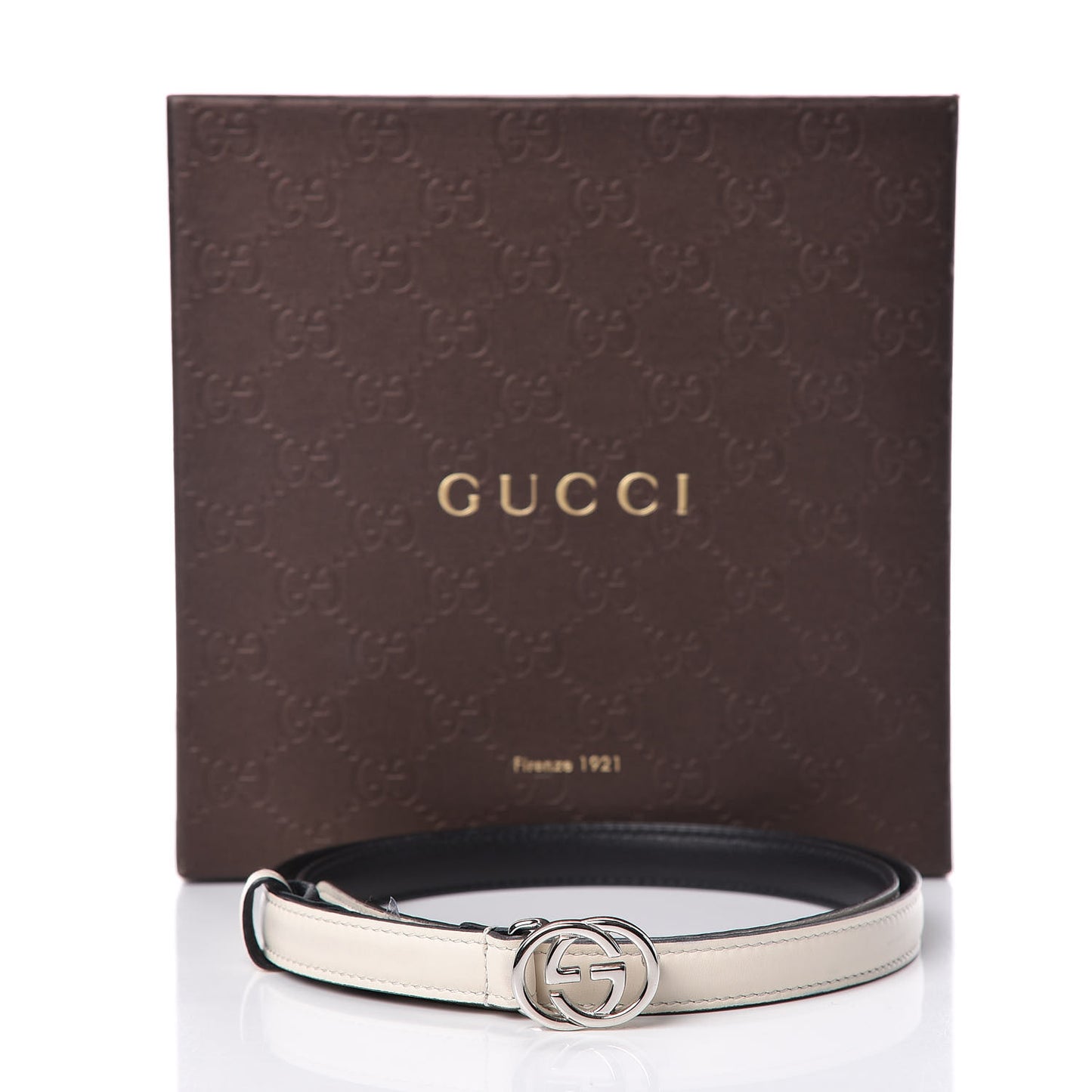 Moon Calfskin Nickel Interlocking G 20mm Belt 85 34 Mystic White