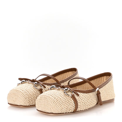 Gucci Raffia Nappa Horsebit Ballerina Flats 38.5 Natural Sundial 4 of 9