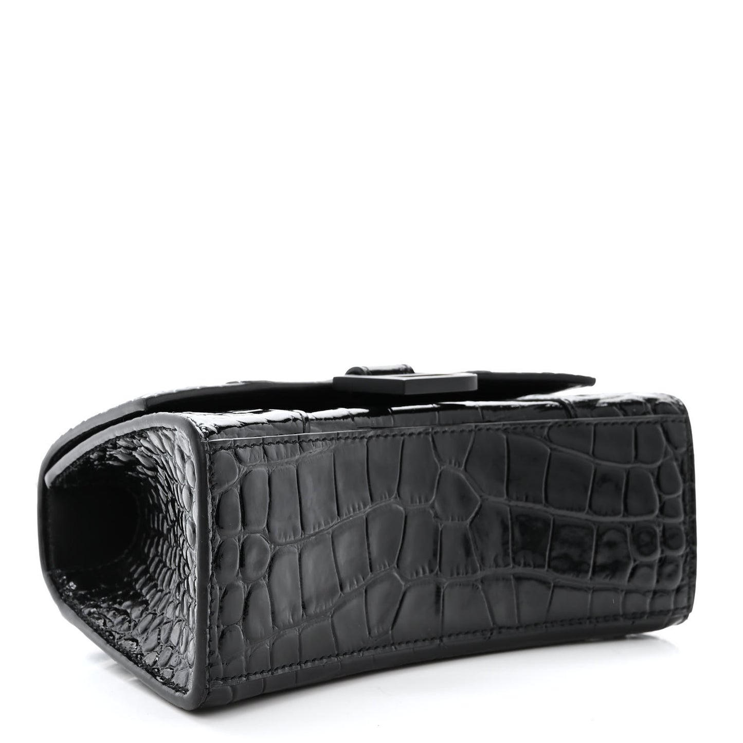 Shiny Calfskin Monochrome Crocodile Embossed Hourglass Top Handle Bag XS Black