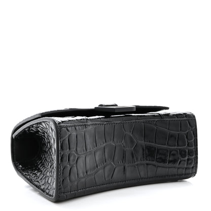 Balenciaga Shiny Calfskin Monochrome Crocodile Embossed Hourglass Top Handle Bag XS Black 4 of 11