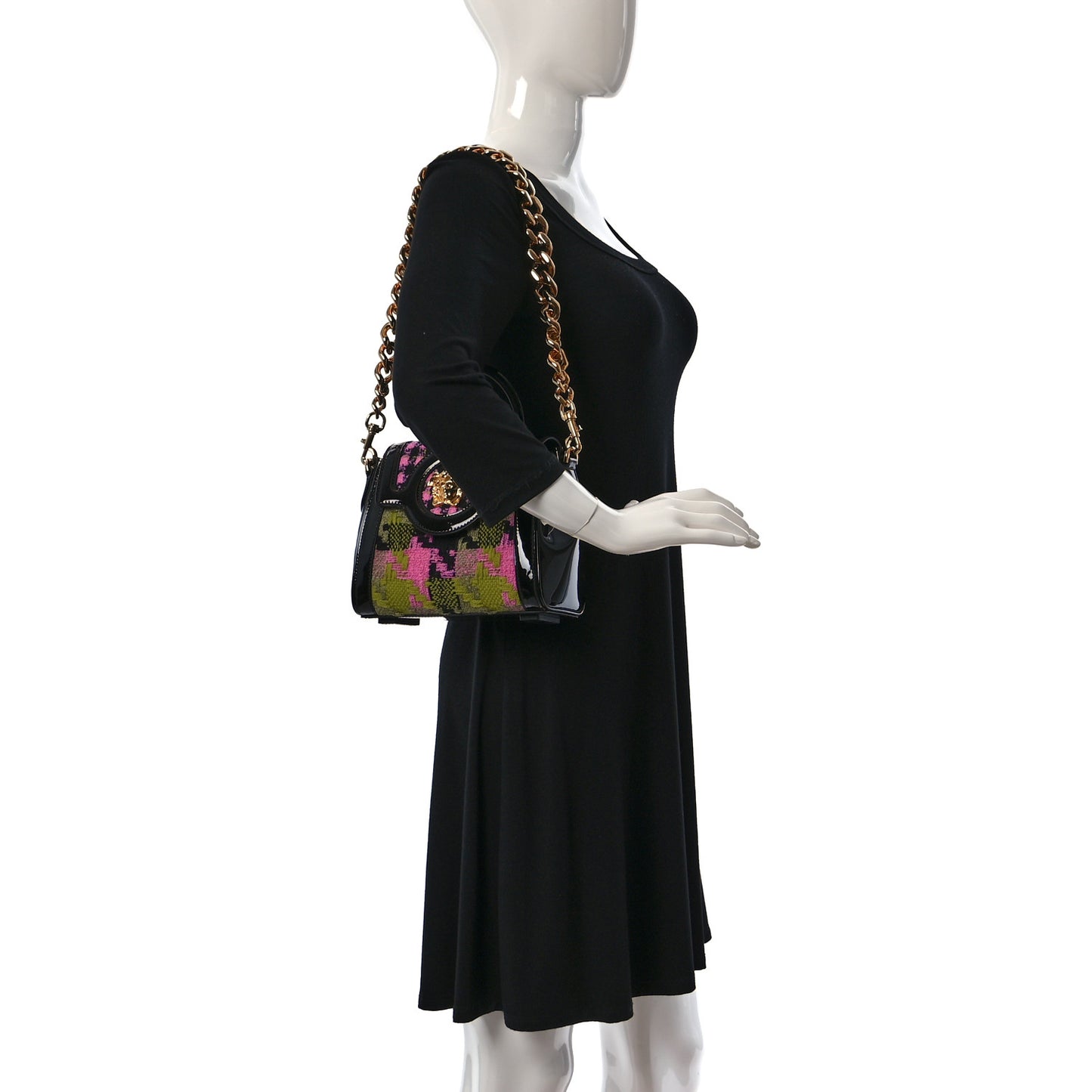 Patent Calfskin Tweed Houndstooth Medusa Small Top Handle Handbag Multicolor