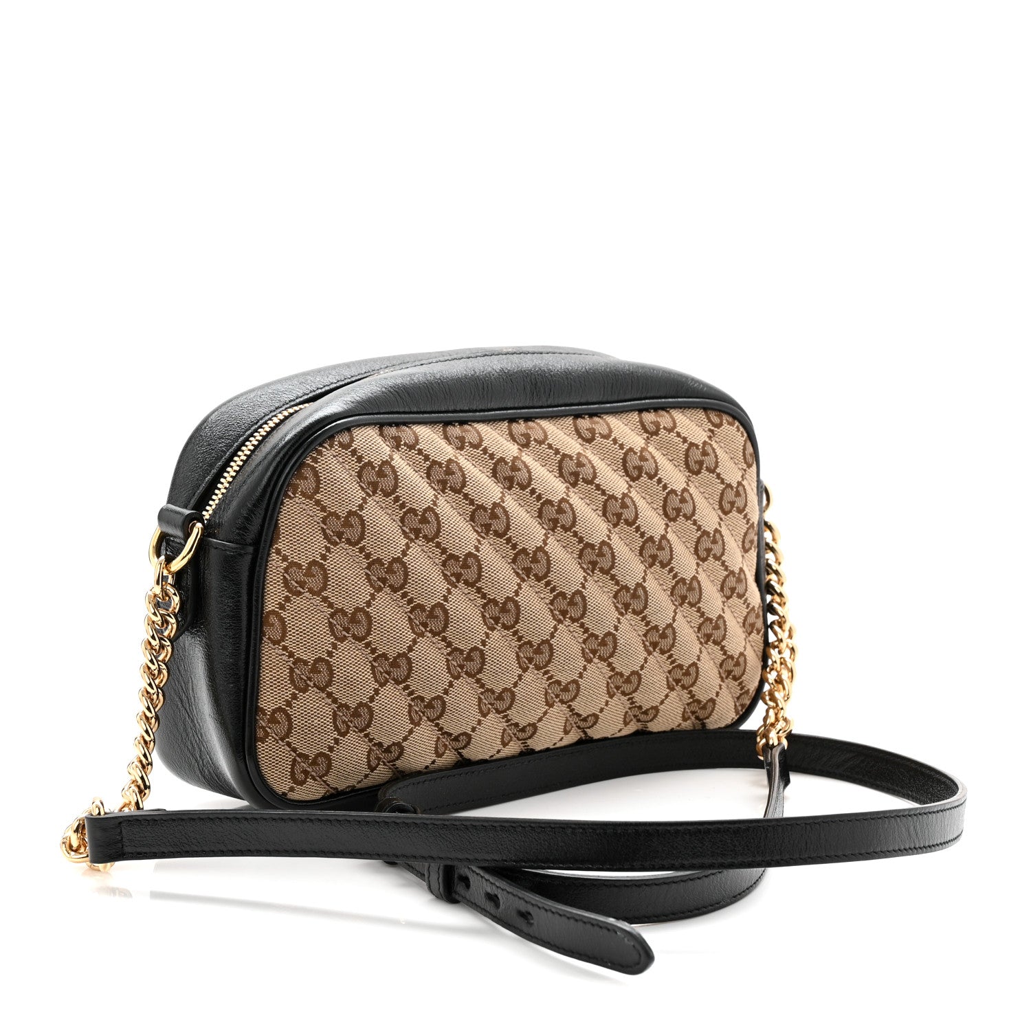 Gucci Monogram Matelasse Diagonal Small GG Marmont Chain Shoulder Bag Beige Black 3 of 11