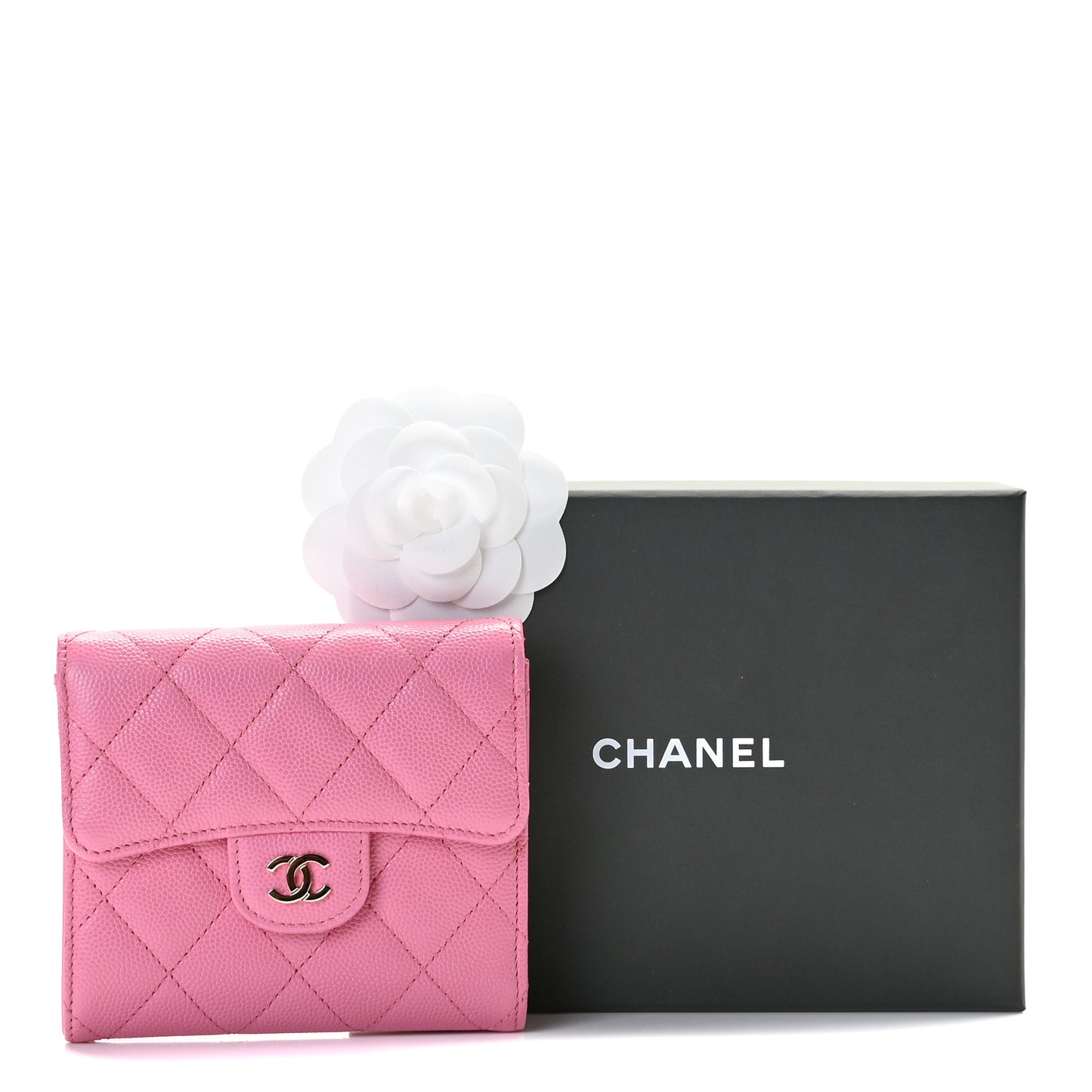 Caviar Quilted Compact Flap Wallet Pink