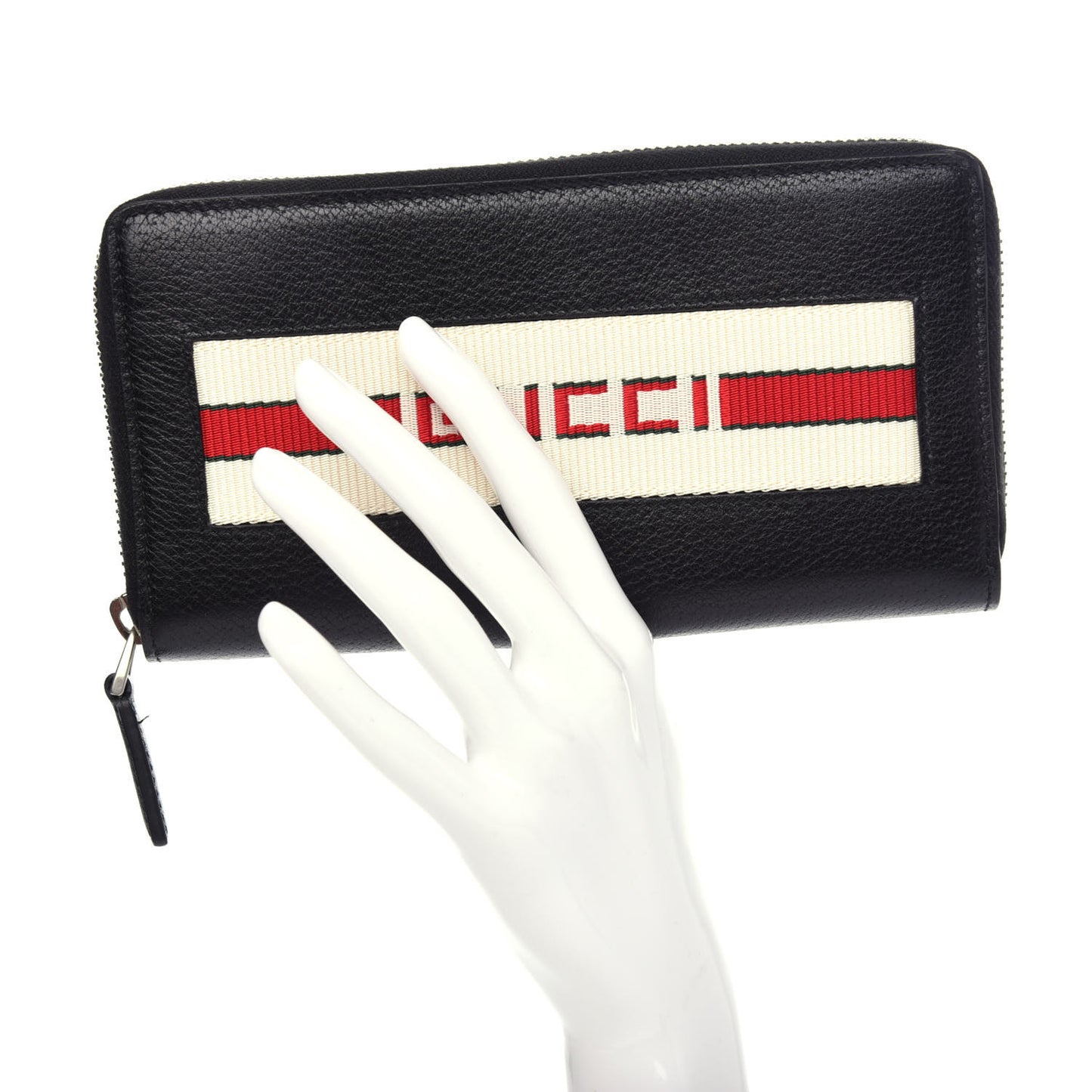 Textured Calfskin Jacquard Gucci Stripe Zip Around Wallet Black Ecru