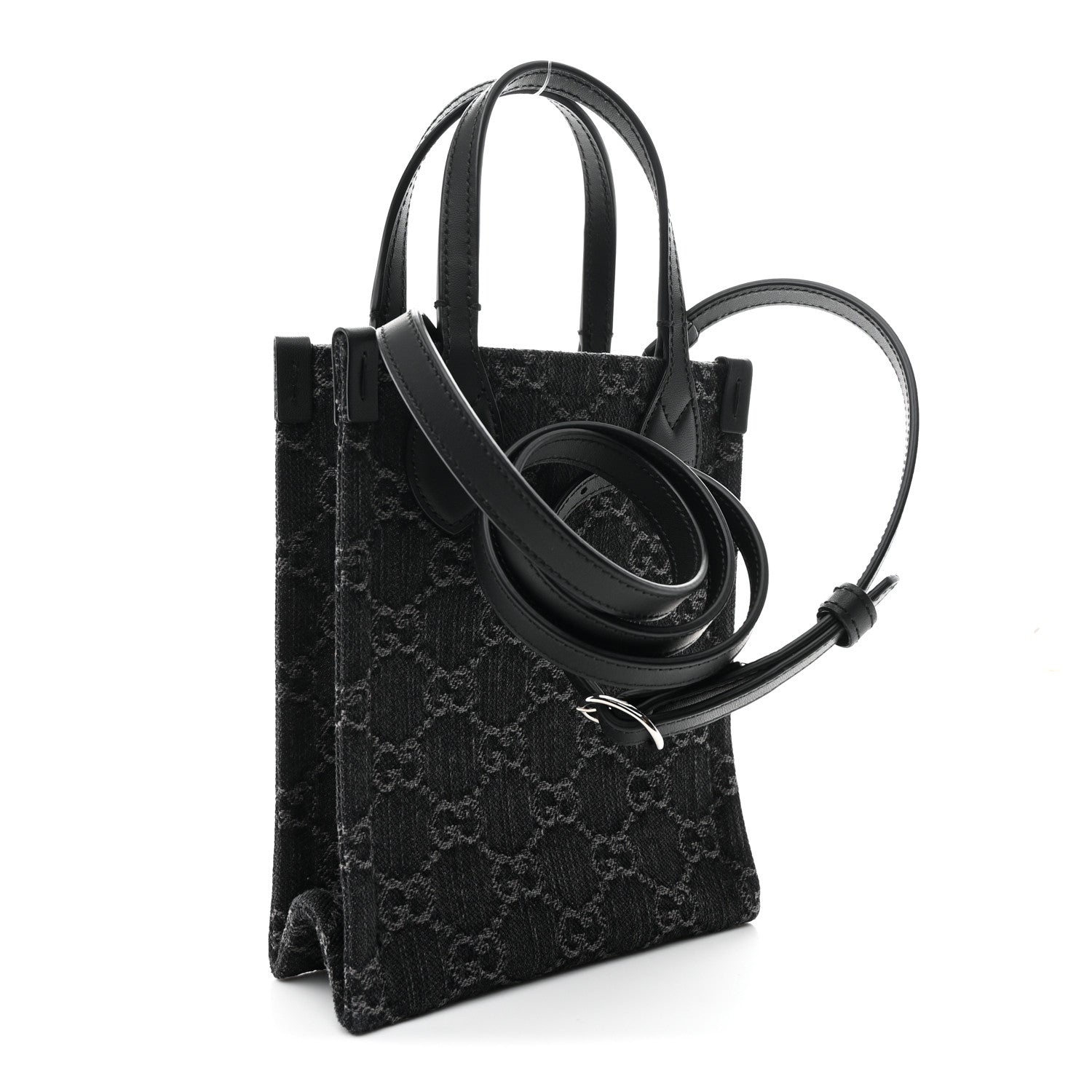 Gucci Denim Cuoio Harness GG Monogram Mini Ophidia Tote Bag Black Medium Grey 3 of 10