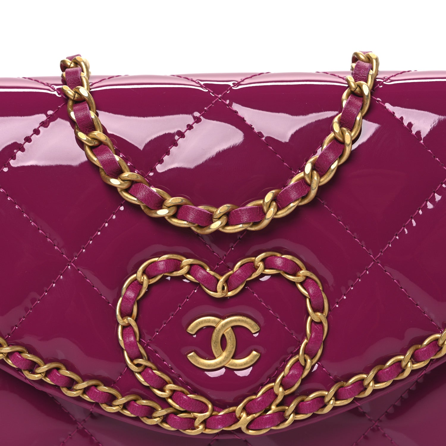 Chanel Patent Quilted Chain Around Heart Wallet On Chain WOC Fuchsia 9 of 11