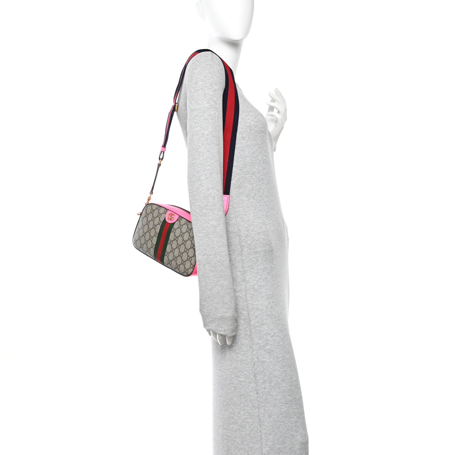 Gucci GG Supreme Monogram Textured Dollar Calfskin Web Ophidia Small Crossbody Bag Beige Ebony Fuchsia 2 of 10